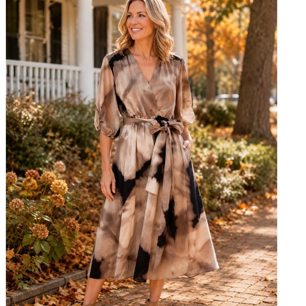 DKNY Brown dress Abstract Tie Dye Midi Dress NWT Size 8 Cottagecore fall